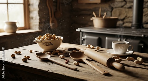 Cozy Rustic Kitchen Scene with Traditional Wooden Baking Tools and Roasted Nuts