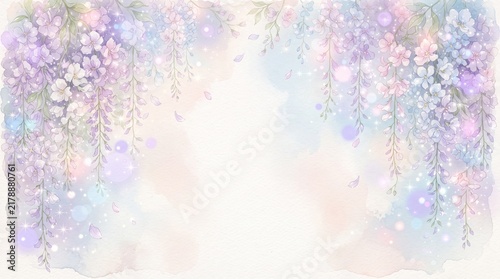Beautiful watercolor background with hanging wisteria flowers in soft pastel purple and blue tones with sparkling bokeh lights and falling petals