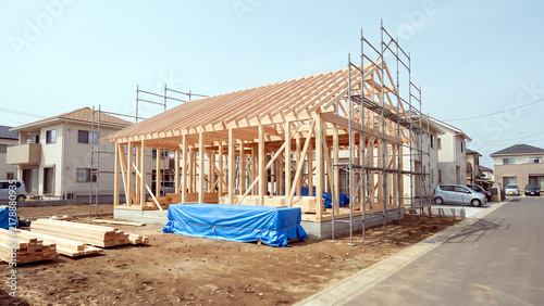 Obraz na płótnie 木造軸組が組み上がった建築中の新築住宅と足場が立つ分譲住宅地