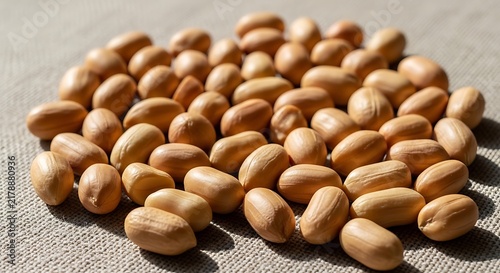 Closeup view of a pile of peanuts on a textured surface