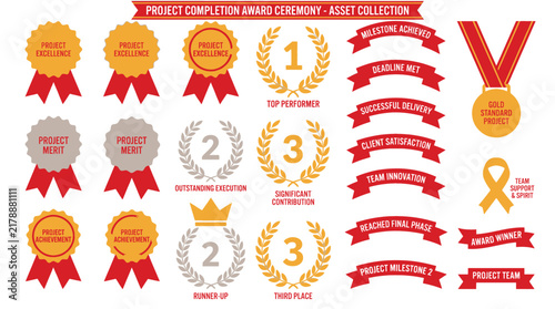 Set of project completion award ceremony badges, ribbons, medals, and laurel wreaths for professional recognition and team achievement