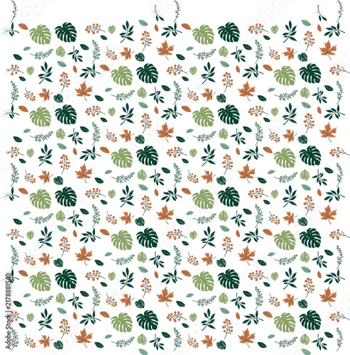 Botanical Seamless Vector Pattern with Tropical Monstera Leaves and Autumn Foliage