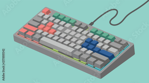 Mechanical keyboard peripheral with colorful keycaps in isometric flat vector illustration for gaming setup and computer hardware marketing