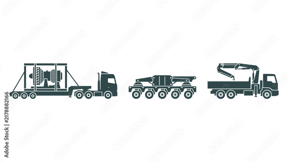 Fototapeta premium Heavy Haul Transport Truck Silhouette Icon Set With Oversize Load Modular Transporter And Crane Lorry