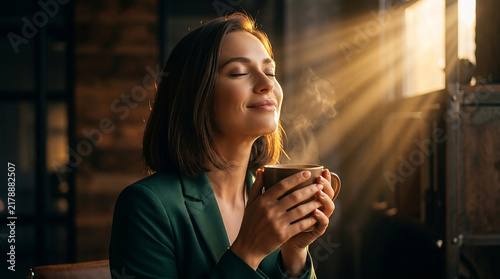 Happy businesswoman smelling fresh coffee in sunlit office perfect for morning workplace wellness and professional relaxation