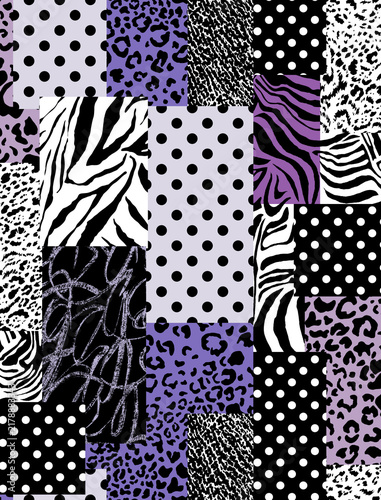 Trendy patchwork seamless pattern with purple animal print leopard zebra texture and polka dots.