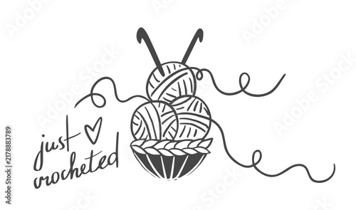 Knitting wool thread balls and two hooks in a crochet basket with a handcrafted saying. Just Crocheted. Black and white. Colored page illustration