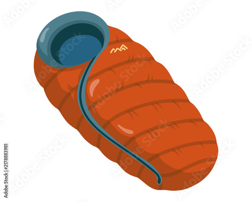 Orange hooded sleeping bag with blue lining and drawstring. Cartoon vector illustration on white background. 