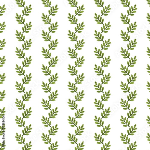 Seamless pattern with green leafy branches arranged in vertical rows on white background.