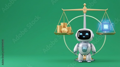 Whimsical finance concept featuring a cute 3D AI robot beneath balanced scales weighing gold coins against a glowing blue computer chip