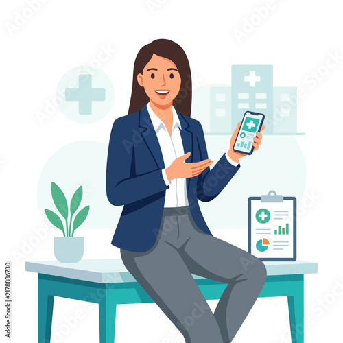 Professional Woman Demonstrating Health App Innovation On Mobile Device