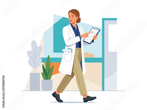 Professional Woman Doctor In Lab Coat Walking With Clipboard