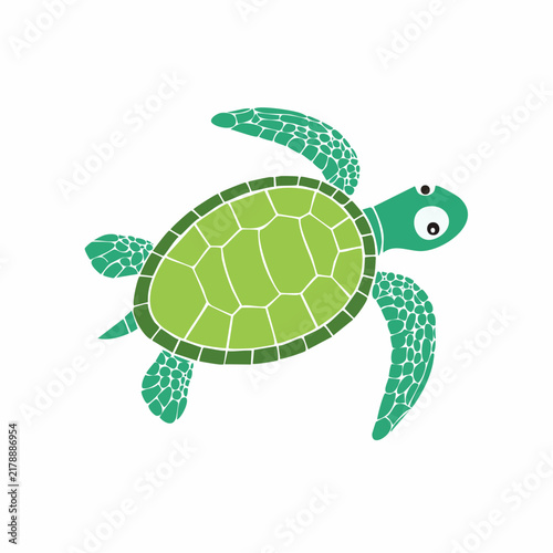 泳ぐかわいい緑色のウミガメを上から見たミニマルなベクターイラスト