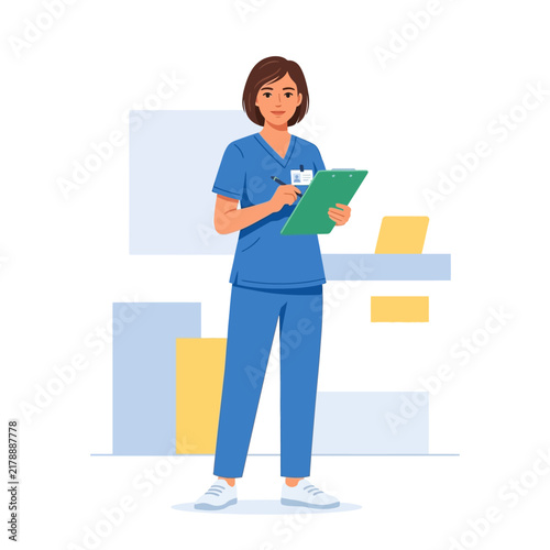 Professional Medical Assistant Holding Clipboard In Modern Clinic Setting