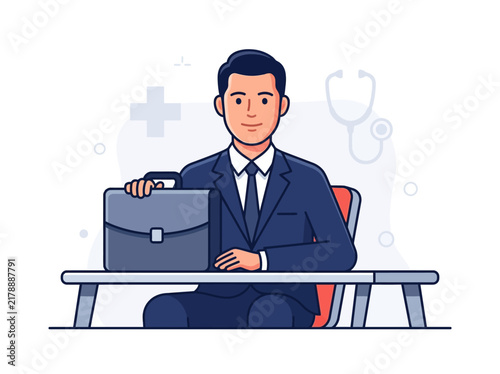 Professional Medical Doctor With Briefcase Sitting At Desk