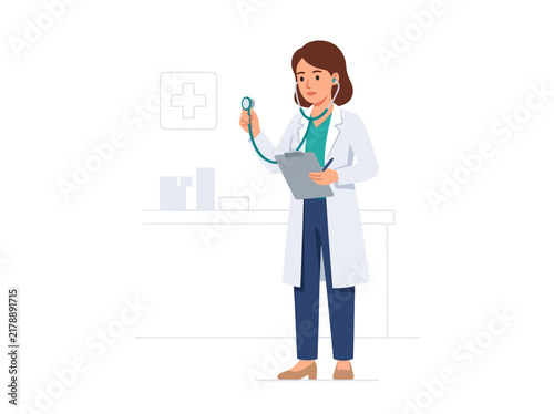 Professional Female Doctor Holding Stethoscope And Clipboard During Consultation