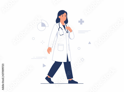 Professional Female Doctor In Lab Coat Walking With Stethoscope