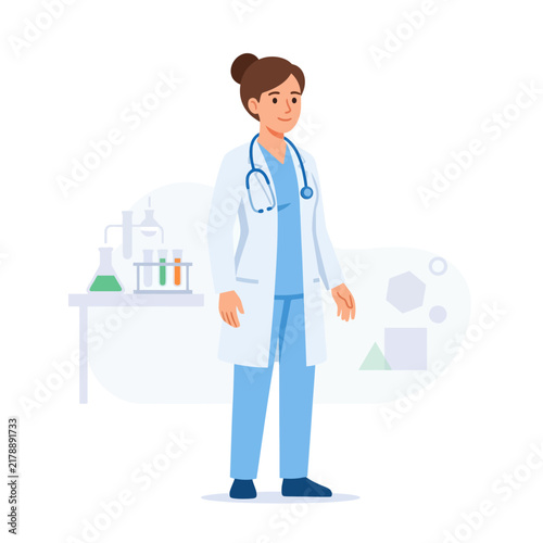 Professional Female Doctor In Lab Coat With Stethoscope Stands Confidently