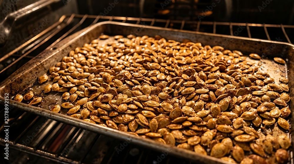 Obraz premium Pumpkin seeds roasting in oven on baking tray