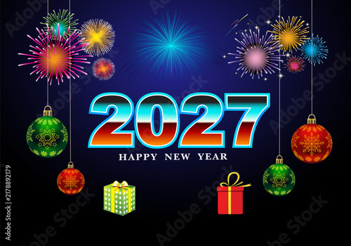 Happy New Year 2027 Celebration with Fireworks and Ornaments