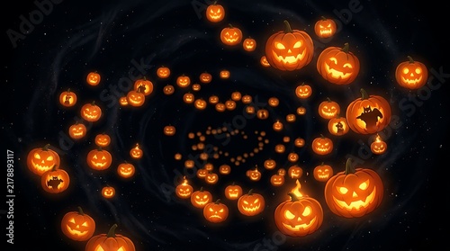 Glowing carved pumpkin lanterns in a swirling cosmic vortex