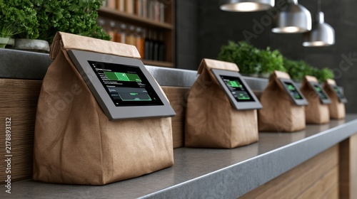 Modern delivery system with digital tablets on paper bags for efficient takeaway service in a stylish café environment