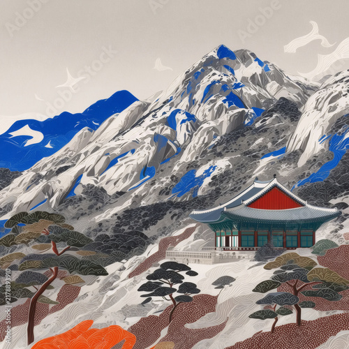 Winter Mountain Illustration with Traditional Pavilion