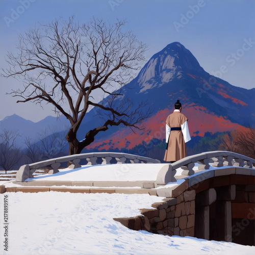 Winter Traveler on Traditional Bridge Beneath Snowy Mountain