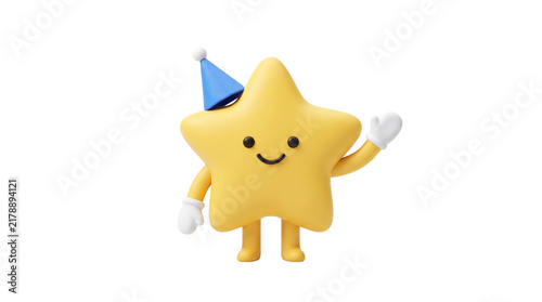 Cute yellow star character wearing blue party hat and white gloves waving hand for kids birthday mascots and educational graphics on background layer.