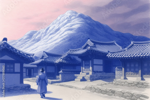 Snowy Mountain and Traditional Architecture in Winter