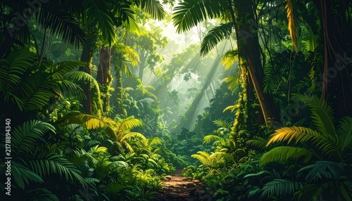 Lush tropical jungle with bright sun beams