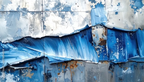 Abstract blue peeling paint on weathered metal surface.