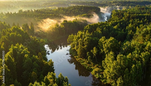 Aerial sunrise view of misty forest river