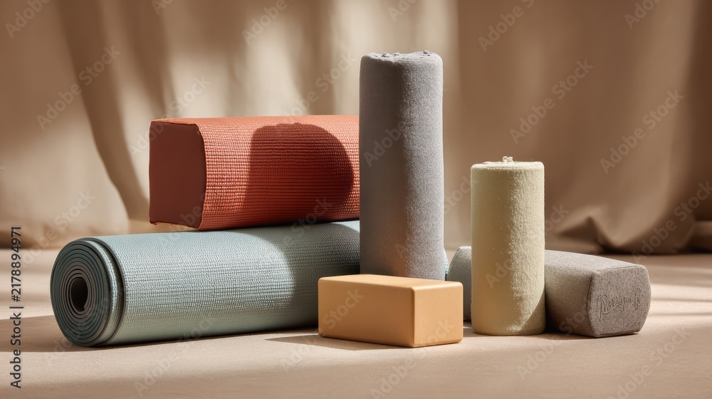 Obraz premium Close-up of yoga mats, water bottles, and towels in a studio, soft focus background