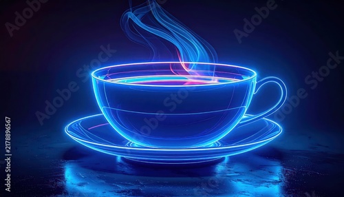 Blue neon glowing coffee cup with digital steam.