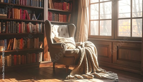 Classic home library with books and wingback armchair.