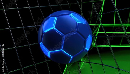 Blue neon soccer ball in green goal net
