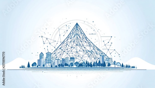 City skyline and geometric mountain line art illustration.
