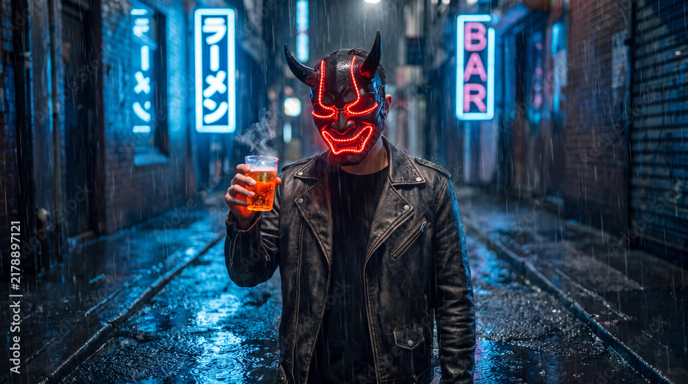 Obraz premium Halloween neon cyberpunk poison cocktails create eerie masked nightlife portrait in rain soaked urban alley