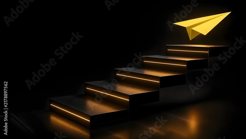 Golden paper airplane taking flight from top of glowing staircase representing career growth business success and achieving ambitious goals