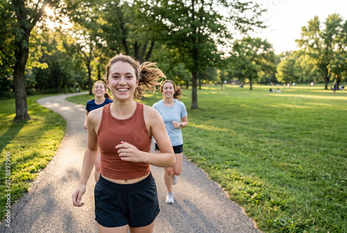 Joyful Young Women Running in Sunny Park, POV Close-Up Snapshot of Friends Jogging Together with Copy Space