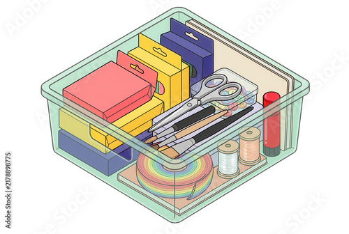 Caja organizadora transparente con suministros de manualidades