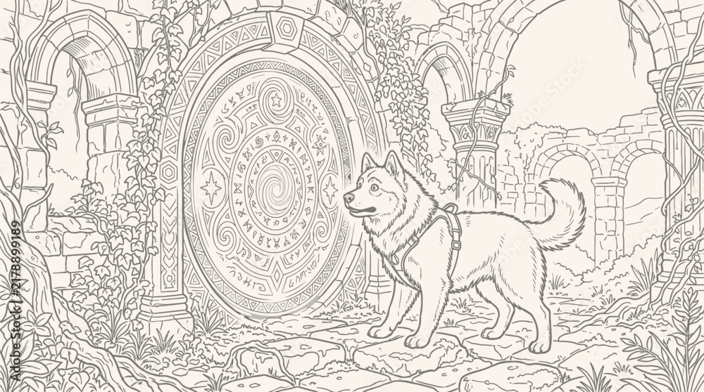Fototapeta premium Dog standing before a magical stone portal in ancient ruins, fantasy line art illustration.