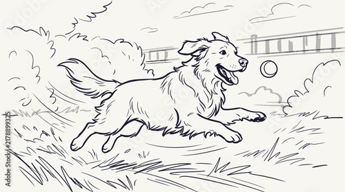 Golden Retriever dog running and chasing a ball in a park line art illustration