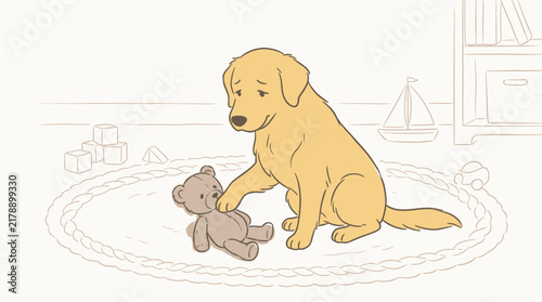 Golden Retriever puppy playing with a teddy bear in a nursery room illustration.