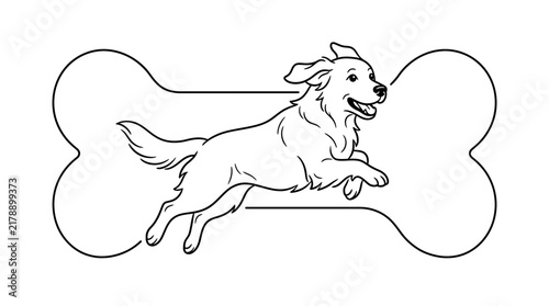 Golden Retriever dog leaping in front of a bone shape outline vector illustration