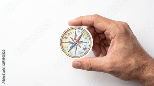 Hand holding a vintage compass with a map showing mountains and a ship on white background