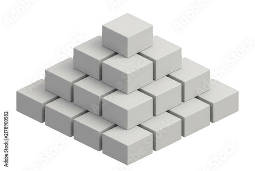 Eine geometrische Pyramide aus identischen, hellgrauen Würfeln, die in einer symmetrischen, gestapelten Struktur auf einem sauberen, weißen Hintergrund angeordnet sind, 3D-Rendering-Stil.