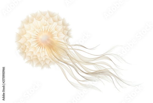 Eine elegante, abstrakte Illustration einer Qualle mit zarten, fließenden Tentakeln und einer blütenartigen, cremefarbenen Glocke, isoliert auf einem rein weißen Hintergrund für minimalistisches