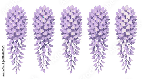 Eine Reihe von fünf hängenden Glyzinienblüten in zarten Violetttönen, isoliert auf einem rein weißen Hintergrund, ideal für florale Dekorationen, botanische Illustrationen oder frühlingshafte Designs.